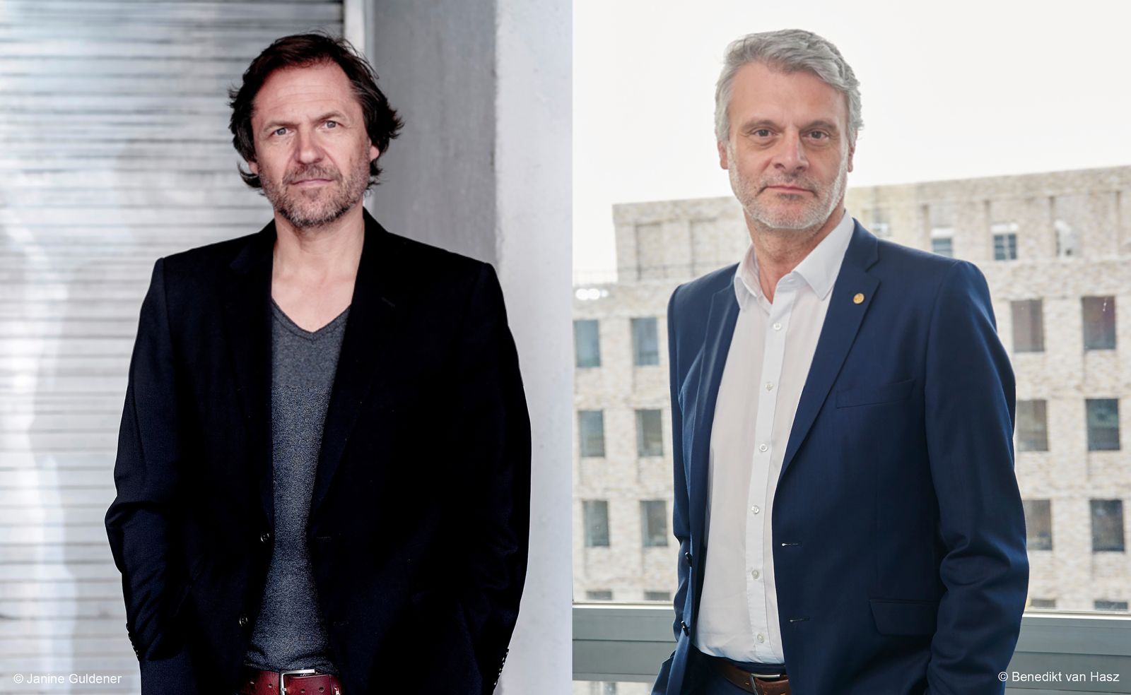 Zwei Männer mittleren Alters mit kurzen Haaren und hellen Bärten stehen getrennt voneinander - einer in einem schwarzen Blazer und dunkelgrauem Hemd, der andere in einem blauen Anzug und weißem Hemd mit einem Gebäude im Hintergrund - und diskutieren vielleicht über das bevorstehende True Crime Dinner in München.